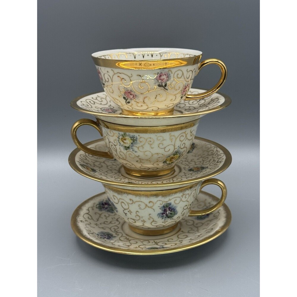 Vintage Hertel Jacob Bavaria Porcelain Teacup & Saucer Set of 3 Gold Gilt German